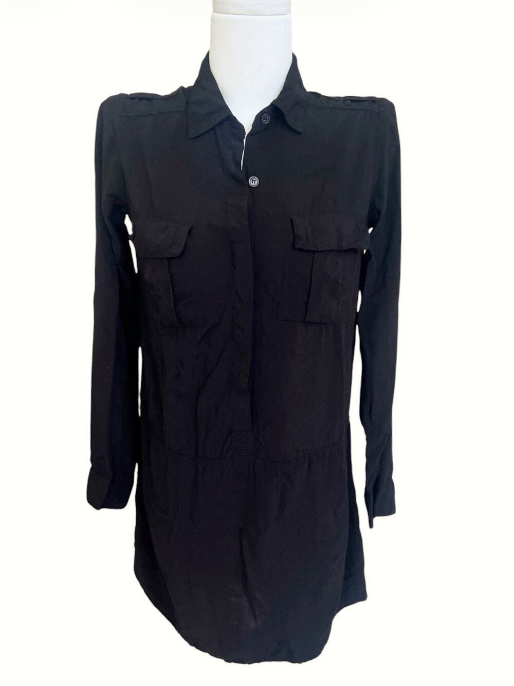 Splendid NWT Long Slv Pocket Rayon Tunic Dress Top Black Sz S 2/3 Button Down